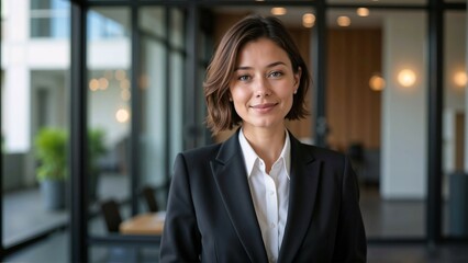 Fototapeta premium Young woman in a business suit waiting for an interview indoors with a confident smile