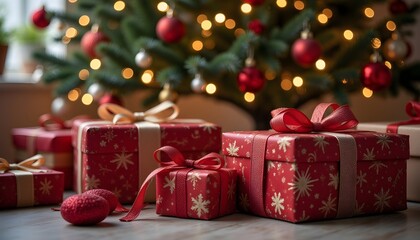 Holiday Gifting: An assortment of beautifully wrapped holiday presents, adorned with ribbons, sit beneath a shimmering Christmas tree, creating a scene of warmth and anticipation.