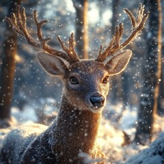 Majestic deer in snowy winter forest

