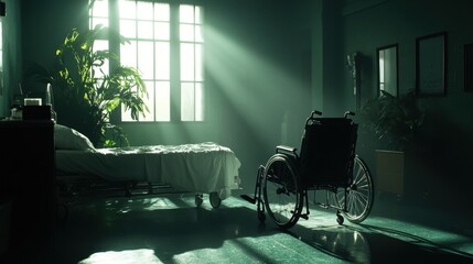 Empty wheelchair by a hospital bed, symbolizing the journey of illness