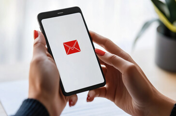Hands hold a smartphone displaying a red email icon on a white background