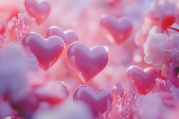 Fototapeta premium Pink Hearts Floating in a Dreamy Floral Setting - Romantic, delicate, love, Valentine's Day, spring