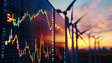 A digital display shows fluctuating graphs against a backdrop of wind turbines at sunset, highlighting the intersection of technology and renewable energy.