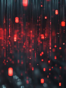 Red Binary Code Rain Abstract - Digital rain, binary code, abstract art, technology, data stream. Symbolizes innovation, technology, data flow, digital transformation, future.