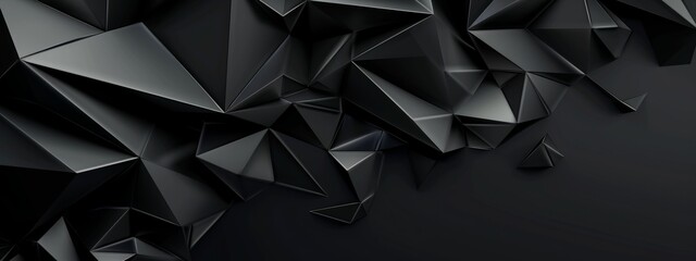 Fototapeta premium Abstract Black Polygons and Curves on Dark Background - Geometric Pattern for Banner Template with White Space for Text - Simple Modern Wallpaper with Copy Space
