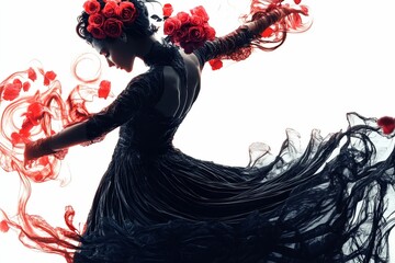 Fototapeta premium Woman in black dress with red roses and flowing fabric.