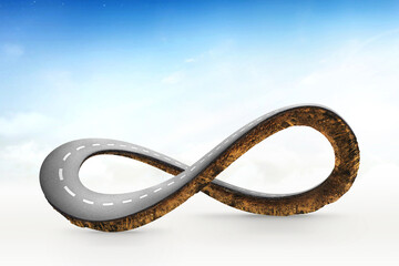 Infinity symbol road in adventure route concept. Earth land with asphalt driveway isolated on blue sky background. 3d illustration of infinity road or never ending road design advertisement.