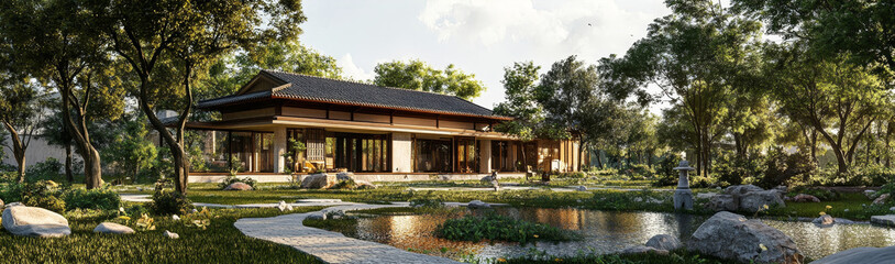 Serene Asian-Style Villa with Pond and Garden - Peaceful Asian architectural design, featuring a tranquil pond, lush garden, traditional house, and stone pathways. Represents serenity, nature, luxury,