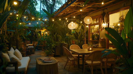 Fototapeta premium Cozy Patio with String Lights and Wicker Furniture - Illustration