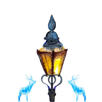 Lamp post and Icy Deers Watercolor Illustration