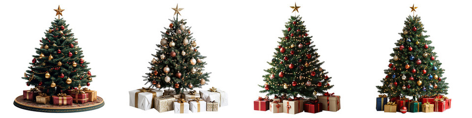 A trio of beautifully decorated Christmas trees adorned with ornaments and surrounded by colorful gift boxes.