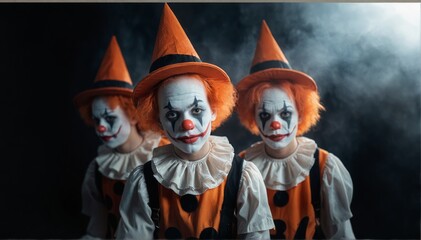 Portrait photo of the clown team photographed in dramatic light