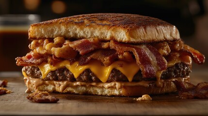 A close-up of a greasy fried burger with bacon, cheese, and sauce spilling from all sides