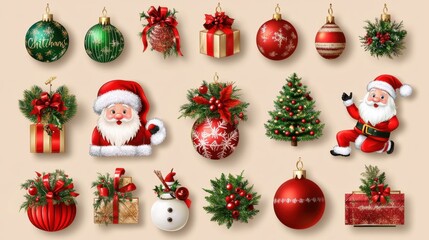 Festive set with Christmas baubles, Santa, snowman, and gift boxes, perfect for stickers, cards, and holiday posters. Realistic, intricate design.
