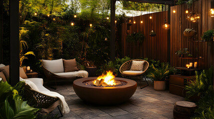 Outdoor Patio with Fire Pit and String Lights - Realistic Image