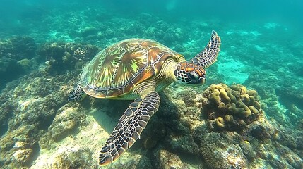 A sea turtle swimming gracefully over coral reefs in clear blue water.
