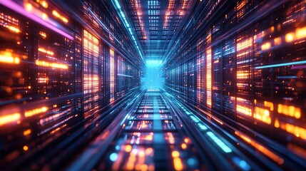 A futuristic tunnel of light and data streams, representing technology and digital communication.