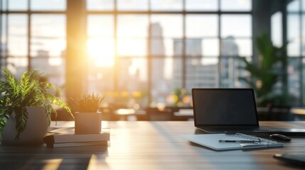Fototapeta premium Modern Office Workspace with Sunset View