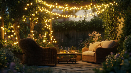 Cozy Patio with String Lights and Wicker Furniture - 3D Illustration
