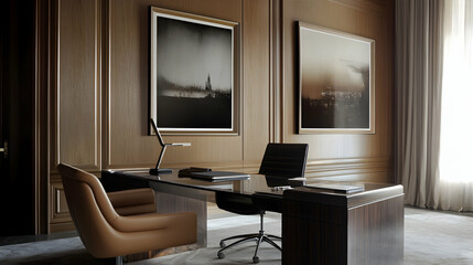 Modern Home Office Interior Design with Wooden Panel Walls and Artwork