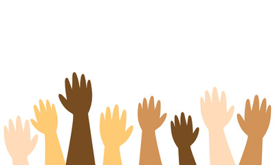 diverse hands raised, symbolizing unity, diversity, and community support.