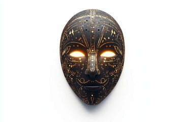 Black mask with glowing eyes and gold designs.