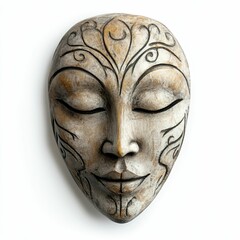 Carved wooden mask with closed eyes.