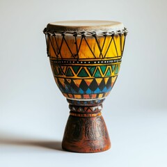 Ornate wooden drum with tribal design.
