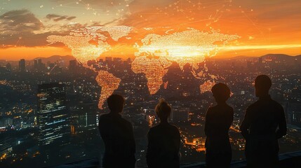 Urban Futurism: Diverse Silhouettes Exploring a Networked World Map Over a City at Dusk – Perfect Poster for Inspirational Sports Interiors