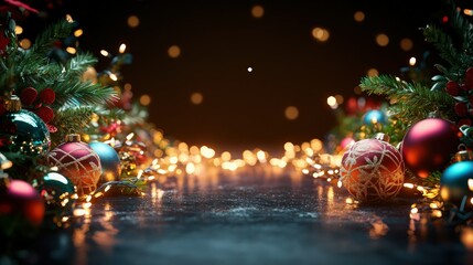 Fototapeta premium Dark, atmospheric Christmas foreground with colorful ornaments and bright bokeh lights creates a festive stage for holiday product displays and banner designs.