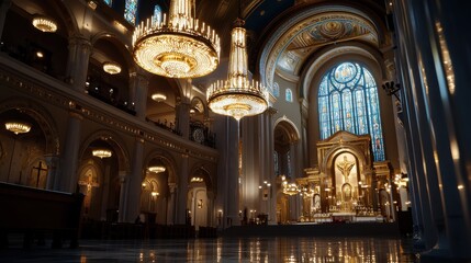 Obraz premium Interior shot of Saint Sava Orthodox Church, capturing the exquisite mosaics, chandeliers, and gold accents that adorn the ceilings and walls
