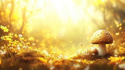 Forest with mushrooms bathed in soft sunlight, creating blank text space