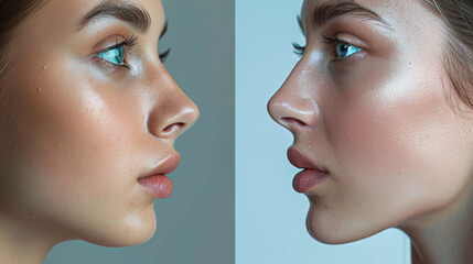 Plastic surgery and rejuvenation concept, comparing before and after images of a woman's facial care and cosmetic procedure