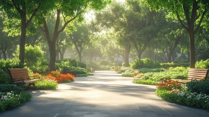 Sunlit park path with benches and flowers.