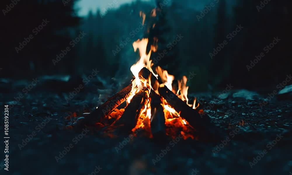 Poster serene campfire surrounded by forest trees providing warmth and light during a quiet night : generat