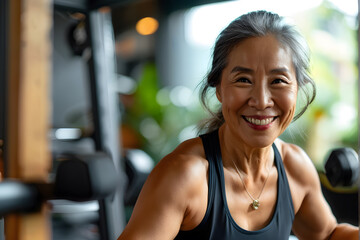 Fototapeta premium A woman is smiling and wearing a black tank top