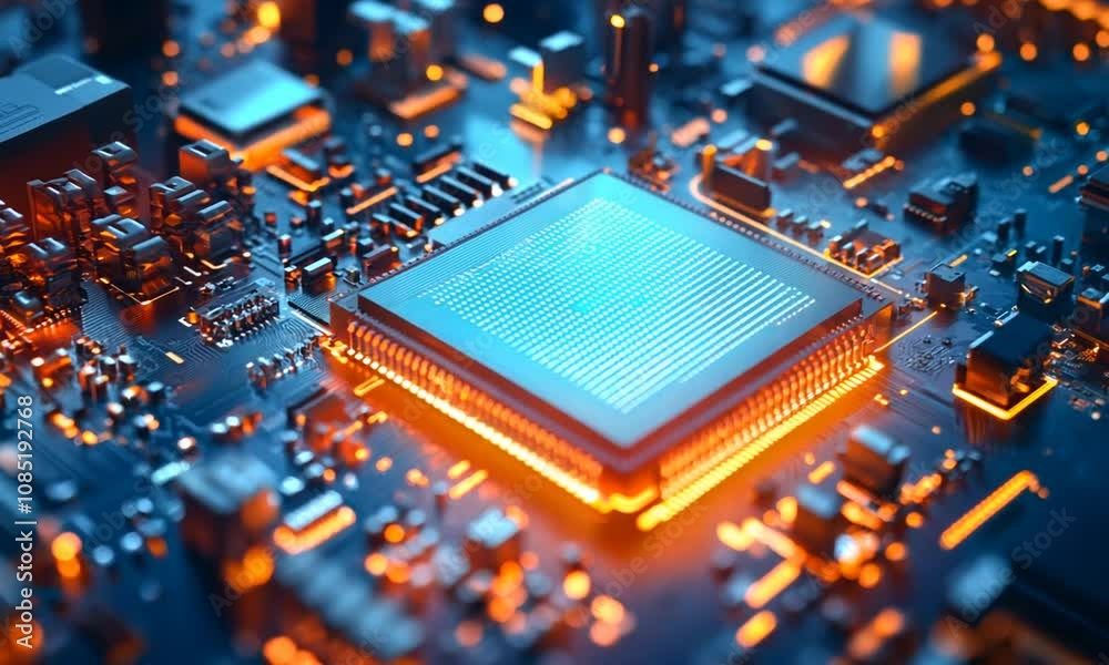 Poster advanced electronics circuit board with glowing blue and orange lights for modern tech innovation : 