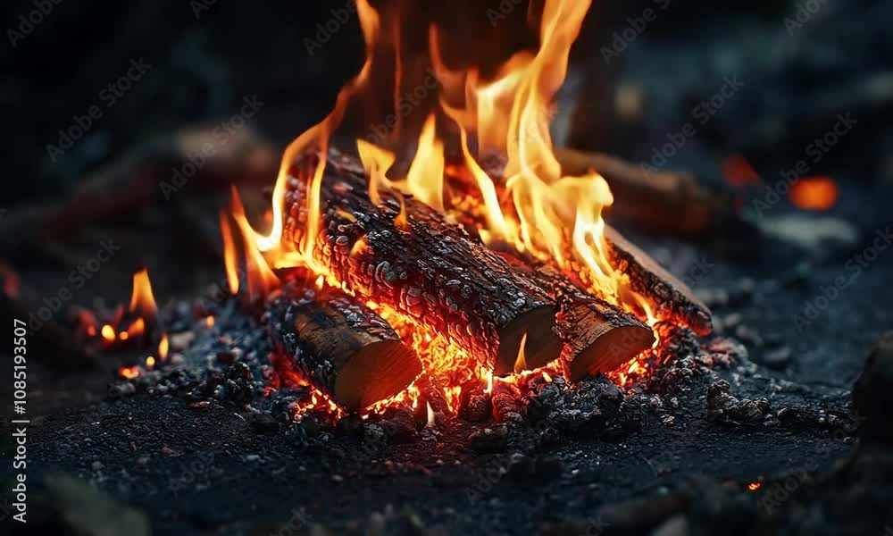 Poster glowing campfire with blazing flames in remote woodland setting : generative ai