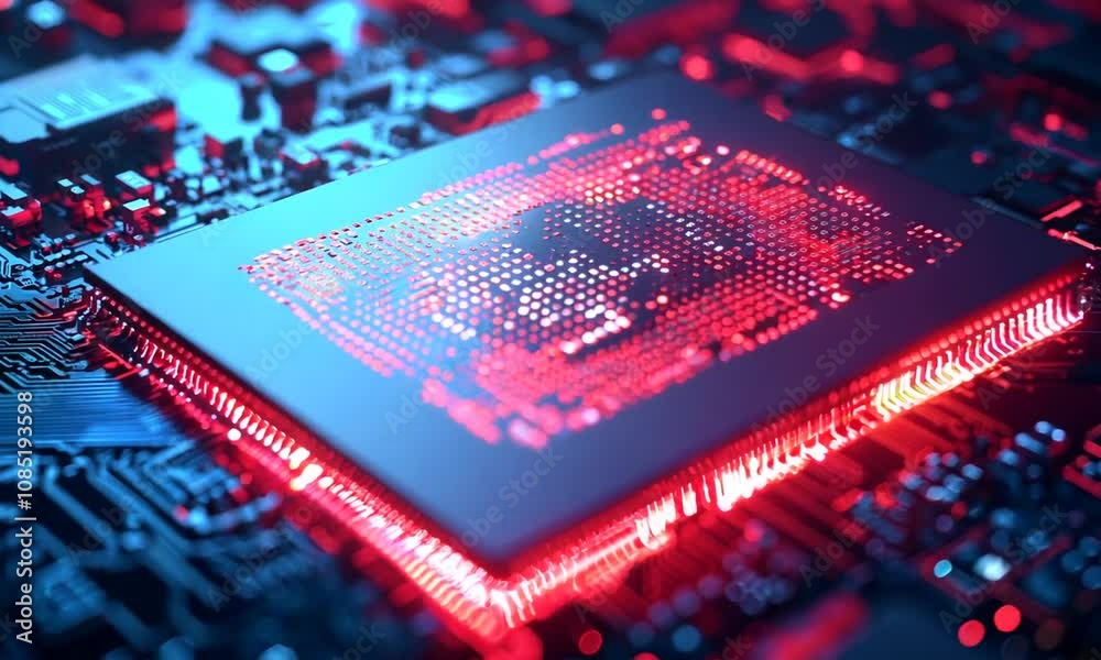Poster Futuristic Circuit Board with Glowing Semiconductor Chip in Red Neon Light : Generative AI