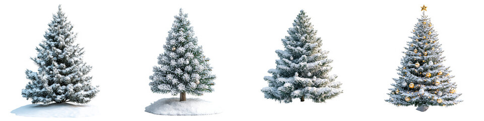 Four festive Christmas trees adorned with snow, showcasing their lush, green foliage and decorative elements.