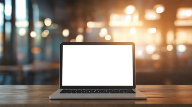 Laptop on wooden table, blank screen mockup for advertisement or promotion banner.