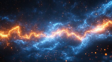 Fototapeta premium Fiery orange and electric blue plasma energy streak across a dark, smoky space.