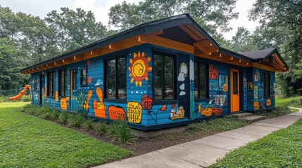 A colorful mural adorns a community building, enhancing its playful and inviting atmosphere.