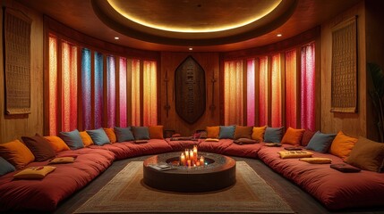 A cozy gathering space with colorful drapes and cushions, centered around a fire pit.