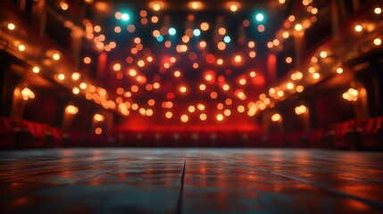 A dimly lit theater stage with glowing lights, creating an inviting atmosphere for performances.