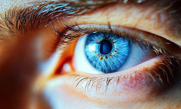 Close up of a stunning blue eye reflecting intricate details and vivid color variations : Generative AI