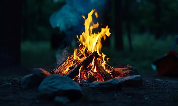Glowing Bonfire in Forest Setting Evoking Warmth Adventure and Outdoor Camping Experience : Generative AI
