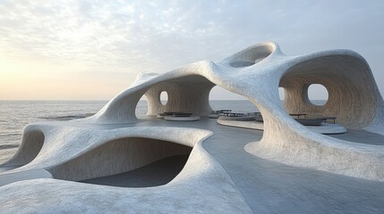 A futuristic architectural structure near the water, featuring organic shapes and open spaces.