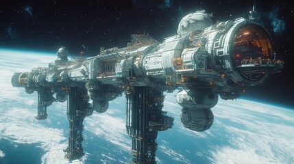 A futuristic space station orbiting a planet, showcasing advanced technology and design.