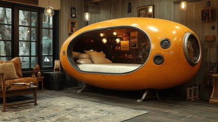 A futuristic, oval-shaped bed design in a cozy, rustic room setting.